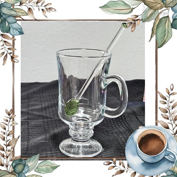 Set Of Glass Irish Coffee Hot / Cold Footed Clear Mug & Emerald City Green Spoon - Picture 6 of 13